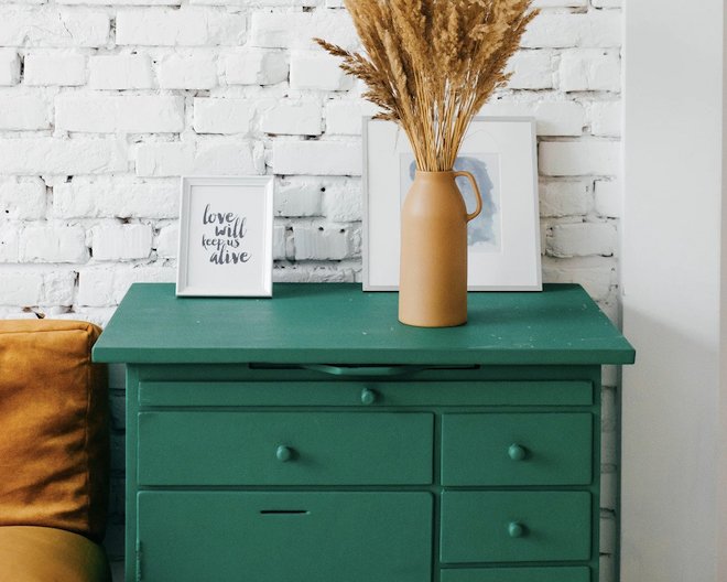 a green table with some stuff above